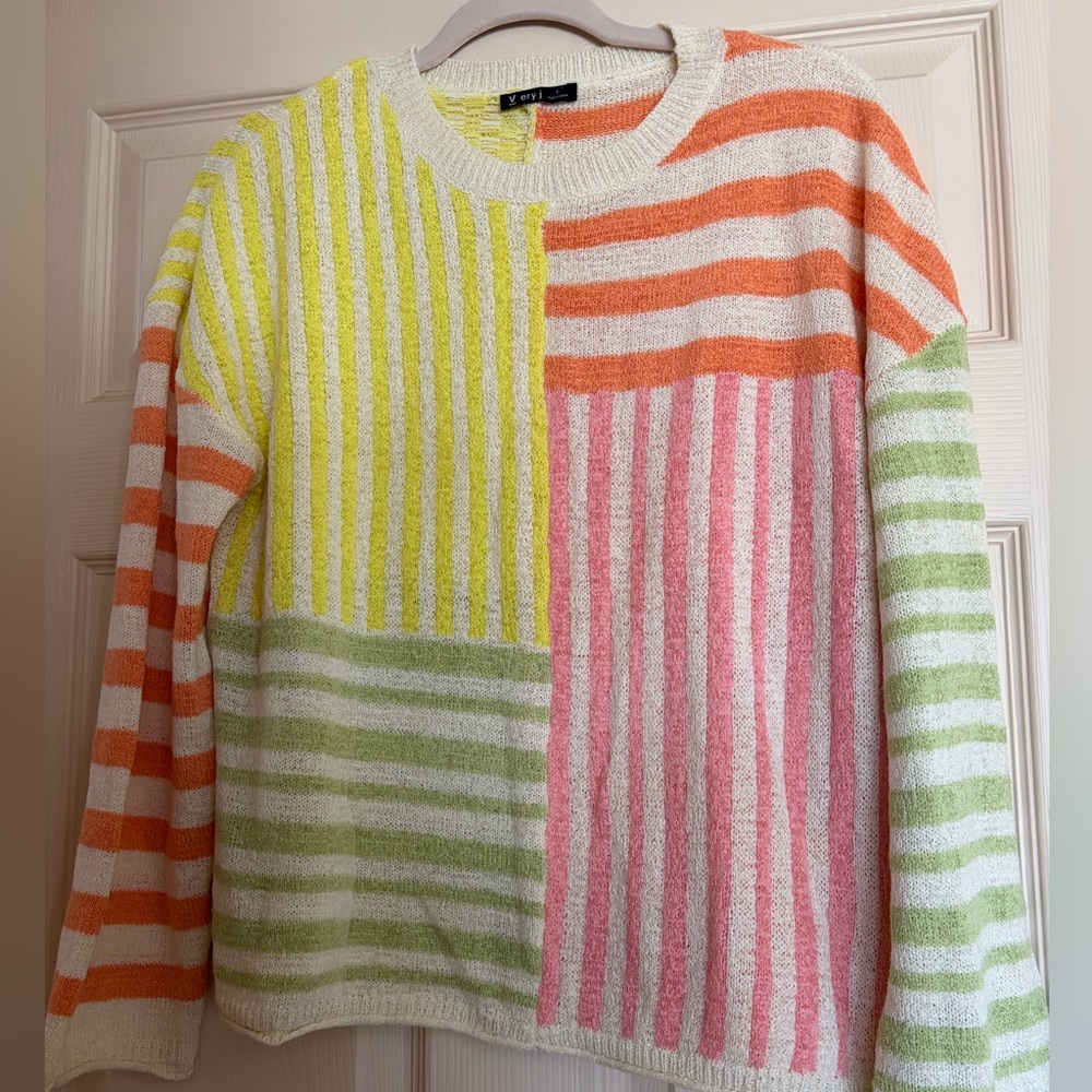Very J Multicolor Striped Crewneck Sweater - Yellow, Orange, Pink, Green